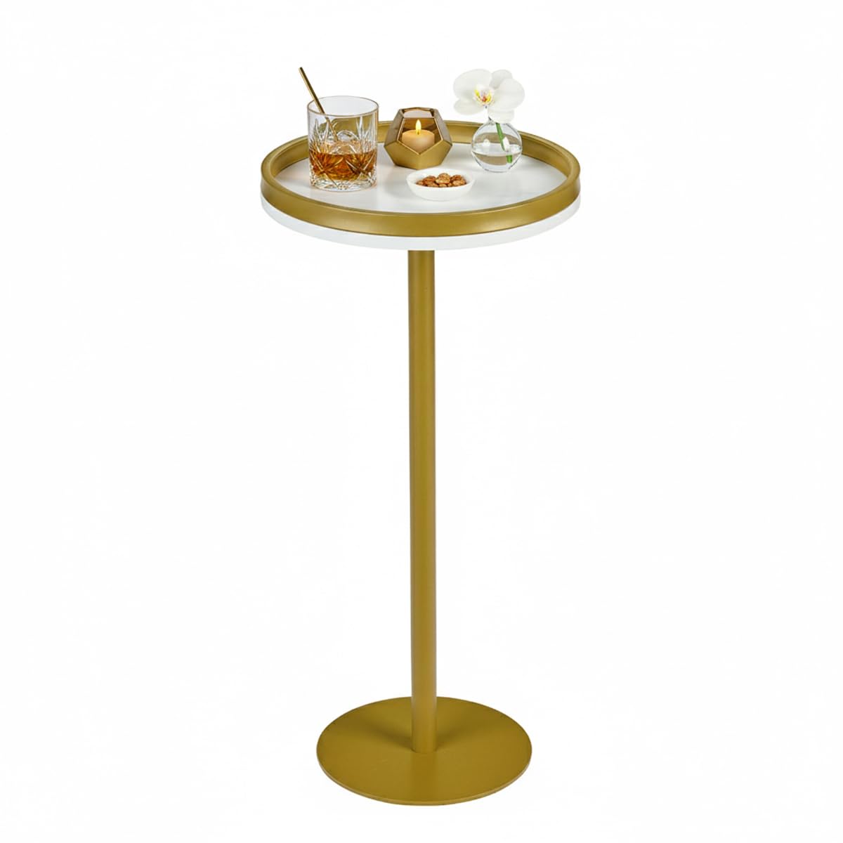 ZEXVIDA Martini Table, Small Round Drink Table with Weighted Base,Modern White & Gold Pedestal End Table with Tray Top Edge for Small Spaces, Living Room, Next to Sofa,24.7 "Tall
