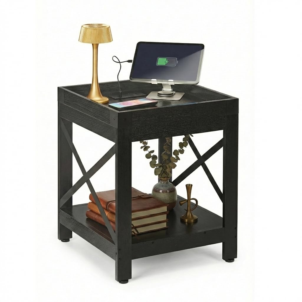 Farmhouse Side Table with Charging Station,Square End Table with 2-Tier Storage Shelf, Sofa Table With X-Metal Frame Industrial Coffee Table Nightstand for Living Room Bedroom Small Spaces,Black