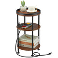 Small Round Side Table with Charging Station for Small Spaces, 3-Tier Accent Table with USB Ports & Power Outlets, Sofa Corner Tea Table for Living Room Nightstand Bedroom Apartment (USB, Cherry)