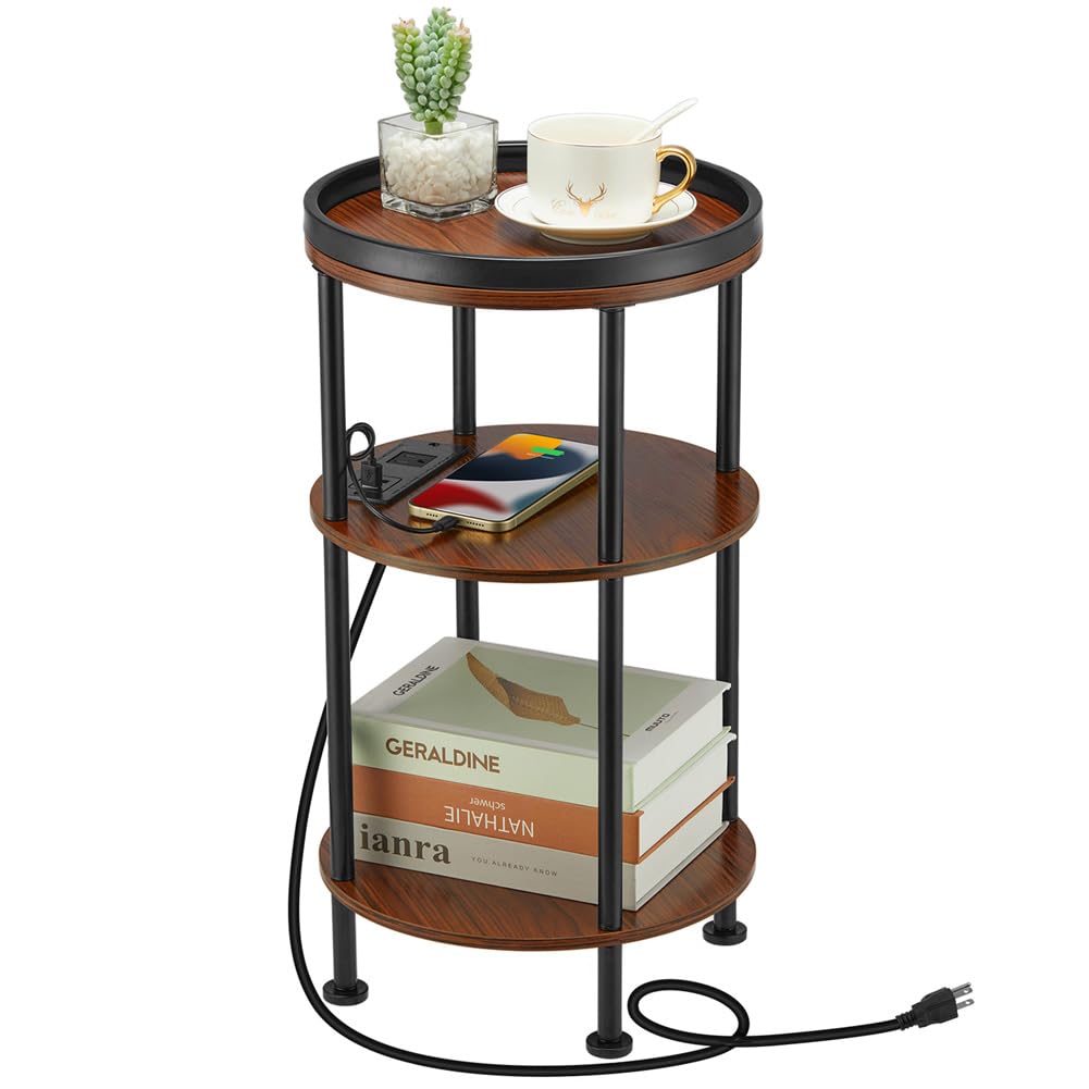 Small Round Side Table with Charging Station for Small Spaces, 3-Tier Accent Table with USB Ports & Power Outlets, Sofa Corner Tea Table for Living Room Nightstand Bedroom Apartment (USB, Cherry)