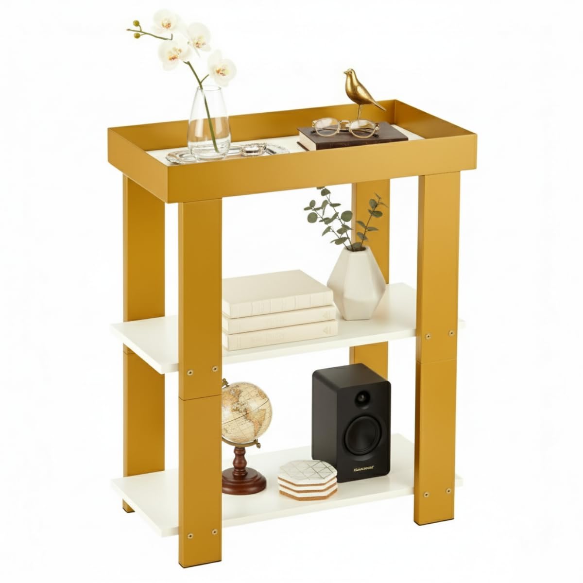 ZEXVIDA Modern 3-Tier Gold Side Table, Narrow End Table with White Tray Top Shelves, Slim Nightstand Bedside Table for Small Spaces, Living Room, Bedroom, Bathroom Storage Organizer Stand (White+Gold)