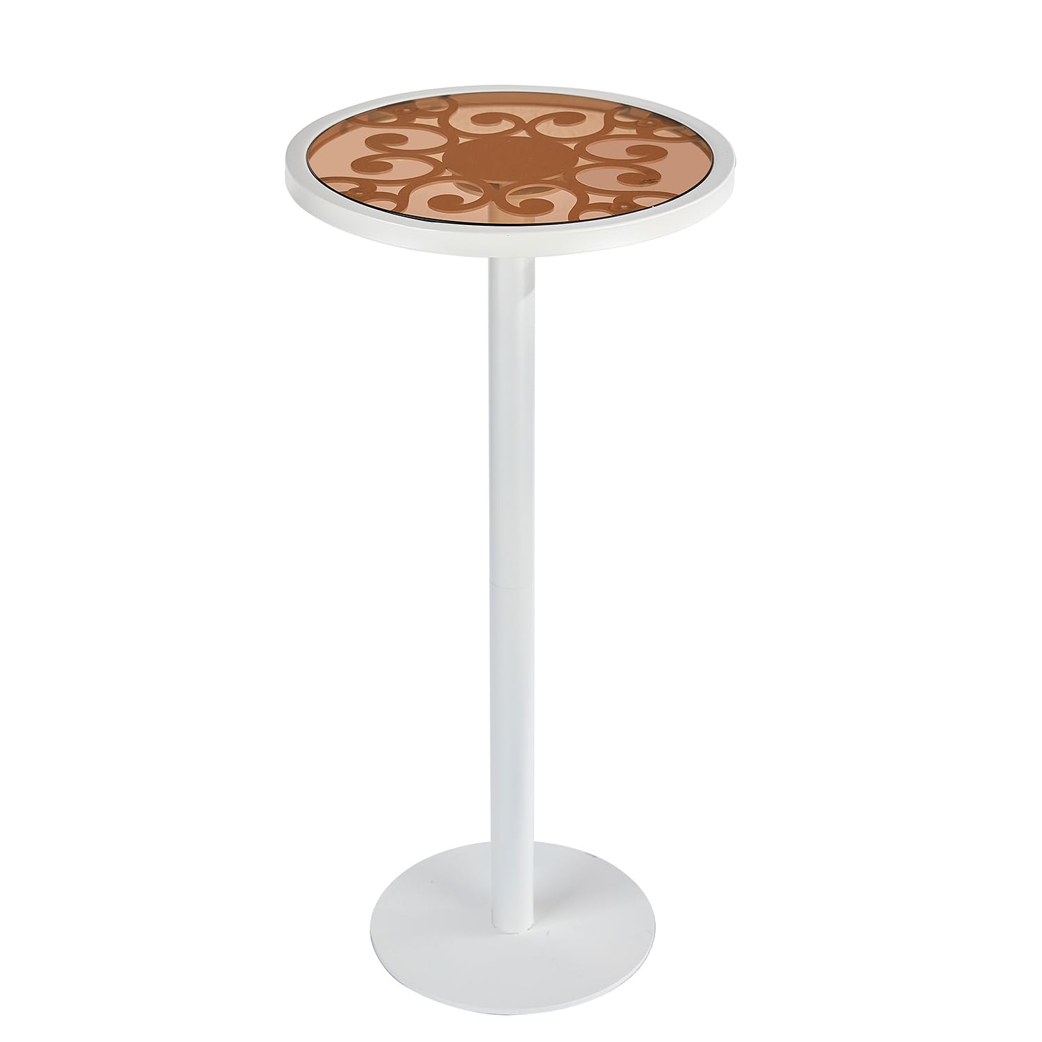 ZEXVIDA White Drink Table with Amber Tempered Glass Top, Indoor Outdoor Small Round Side Table, 24.7" Metal Pedestal End Table for Living Room, Patio, Sunroom, Boho Mid-Century Modern Decor, Cream