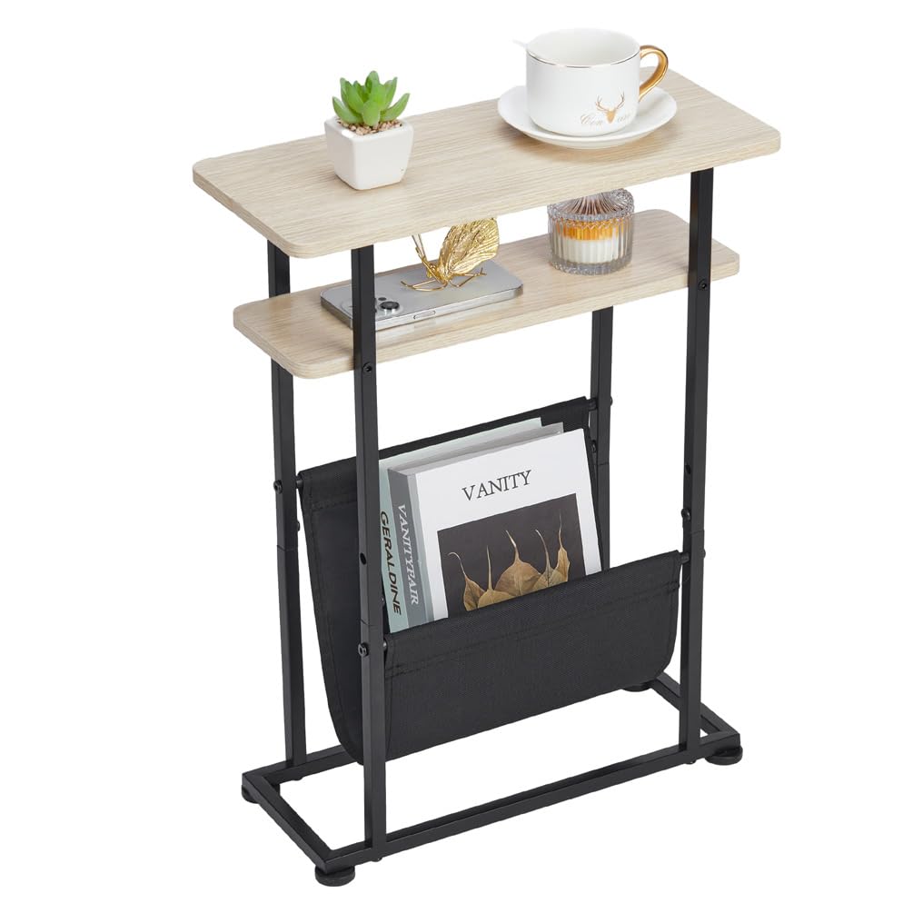ZEXVIDA Narrow Small Side Table for Small Spaces - Slim End Table with Magazine Rack - Narrow End Table Living Room Couch Side Table- Skinny Bedside Table Nightstand Bedroom Thin Table (Oak)