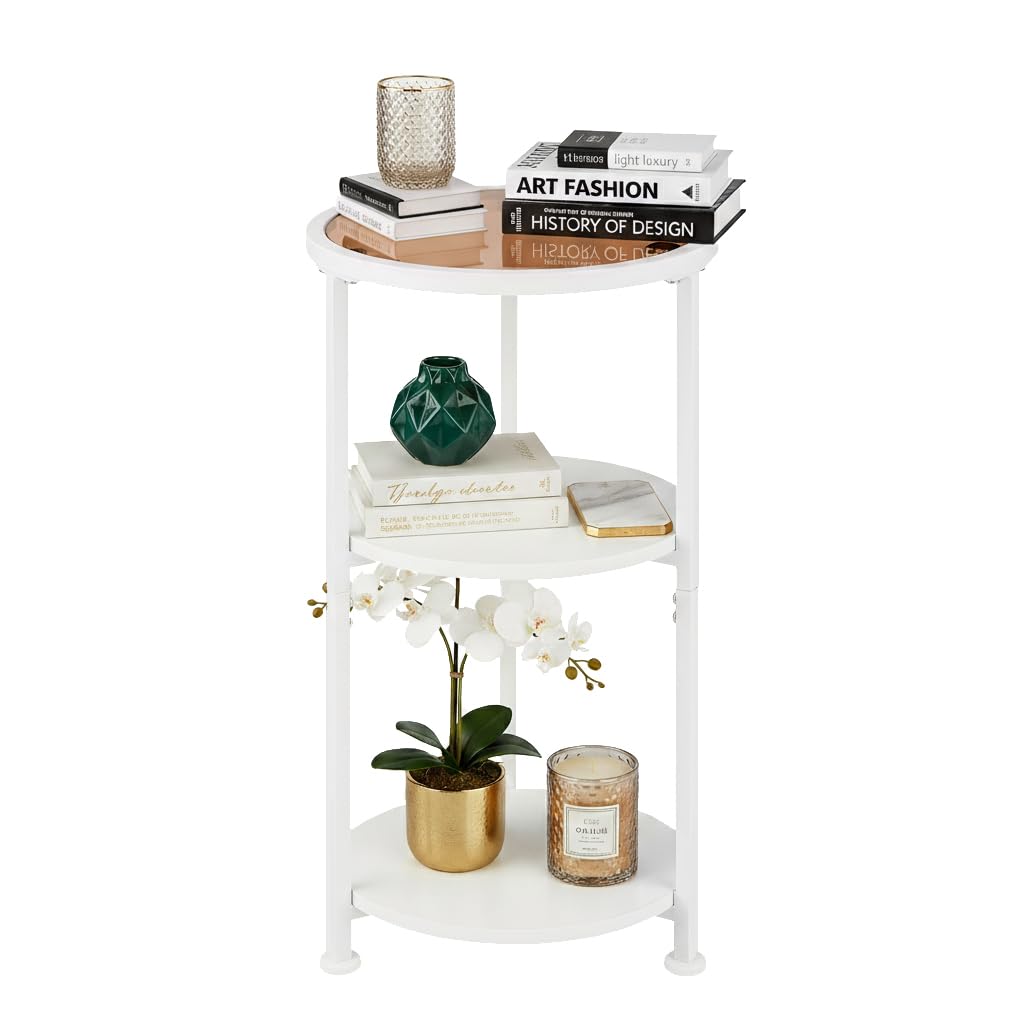 Modern 3-Tier Round End Table with Amber Tempered Glass Top, 11.8" Small Side Table for Living Room, Bedside Nightstand with Metal Frame & MDF Shelves for Small Spaces, White & Gold-Tone Accents