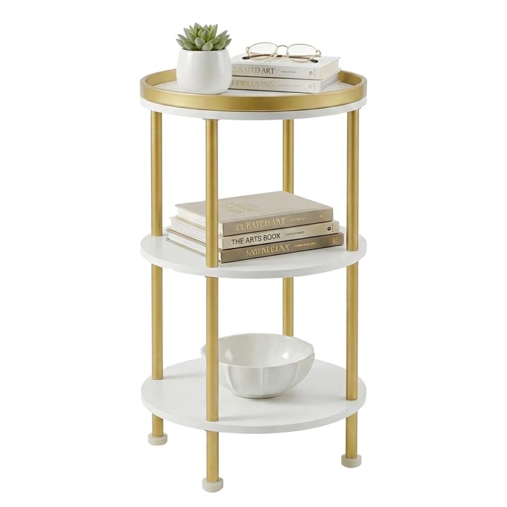 Small Round Side Table, Gold Round End Table with White Shelves, 3-Tier Modern Nightstand for Bedroom & Living Room, 21.7" H Narrow Gold Accent Table for Small Spaces, Dorm, Nursery (White & Gold)