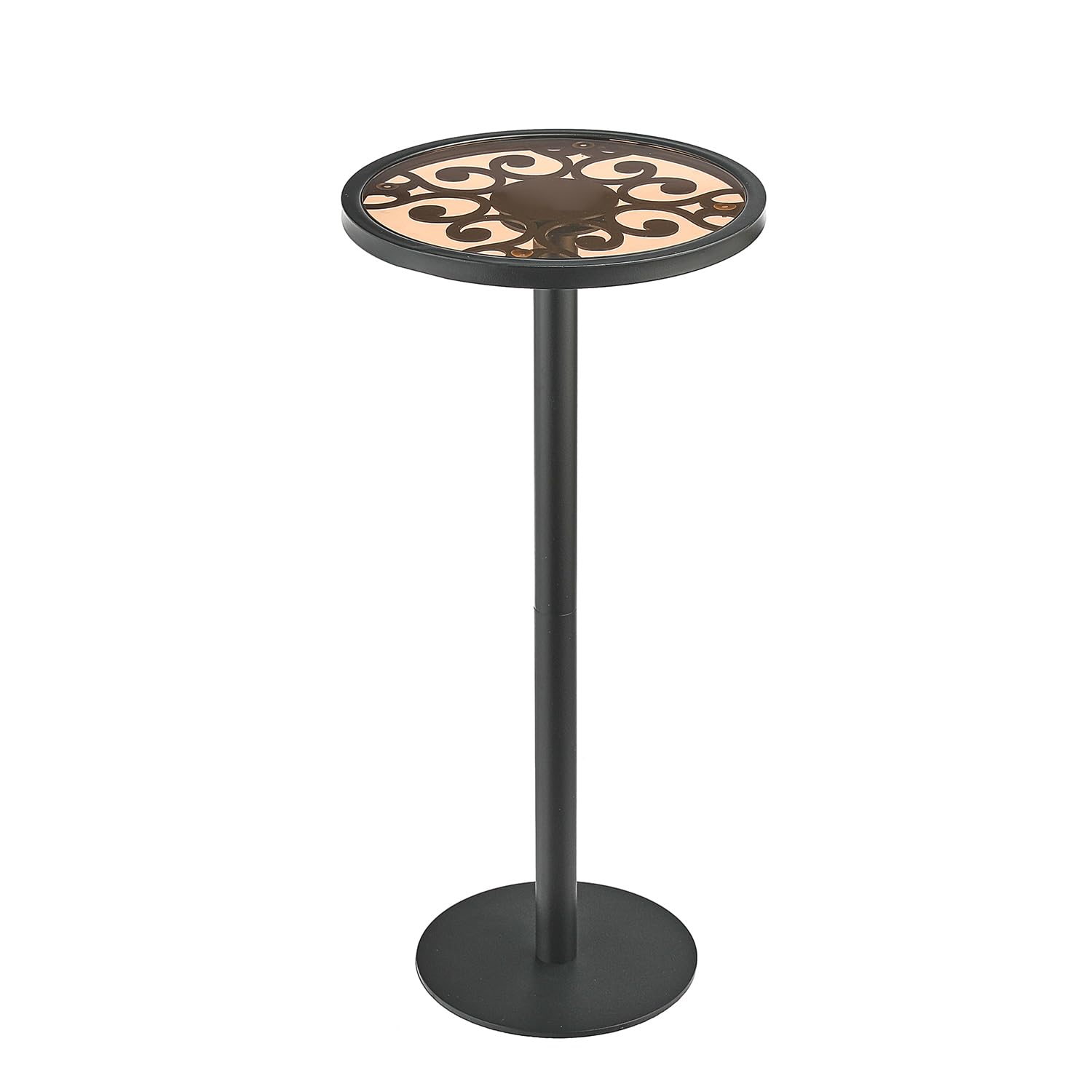 ZEXVIDA Black Drink Table, Indoor Outdoor Small Round Side Table with Tempered Glass & Vintage Scroll Design, 24.7" Pedestal End Table for Living Room, Patio, Balcony, Industrial Modern Accent Table