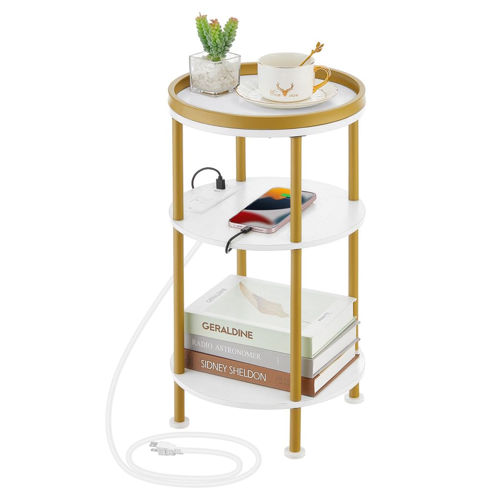 ZEXVIDA Small Round End Table with Charging Station, 3-Tier Accent Couch Beside Table with USB Ports & Power Outlets, Sofa Side Table for Living Room Small Nightstand Bedroom (USB Charger, White+Gold)