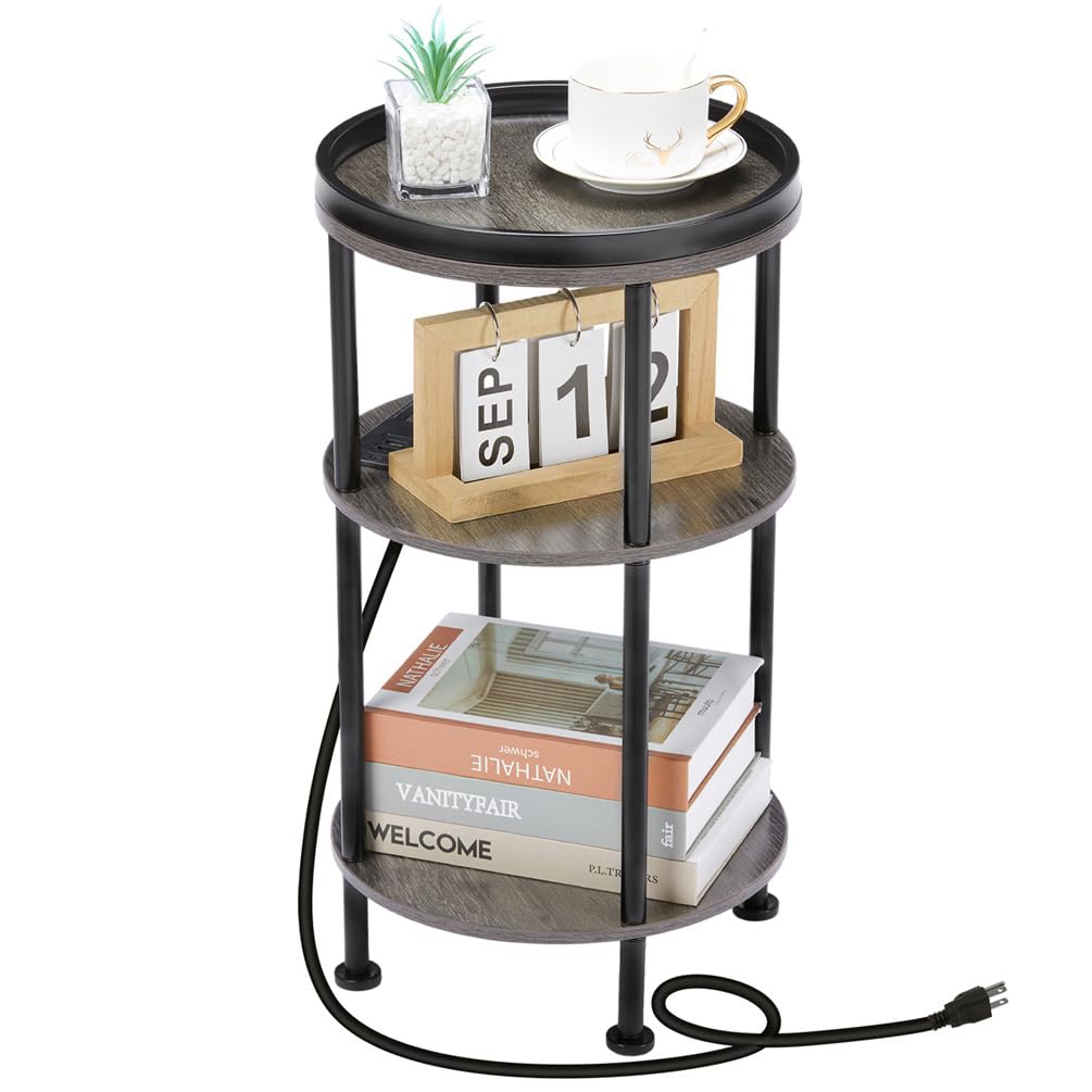 ZEXVIDA Small Round Side Table with Charging Station for Small Spaces, 3-Tier Accent Table with USB Ports & Power Outlets, Sofa Corner Tea Table for Living Room Nightstand Bedroom Apartment (Grey)