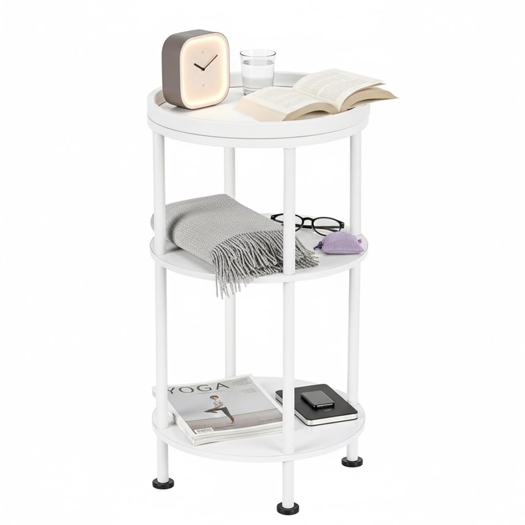 Small Round Side Table with Tray Top (Patented Design), 11.8" Narrow End Table for Small Spaces, 3-Tier Modern White Nightstand, Original Accent Furniture for Living Room Bedroom (Classic, White)