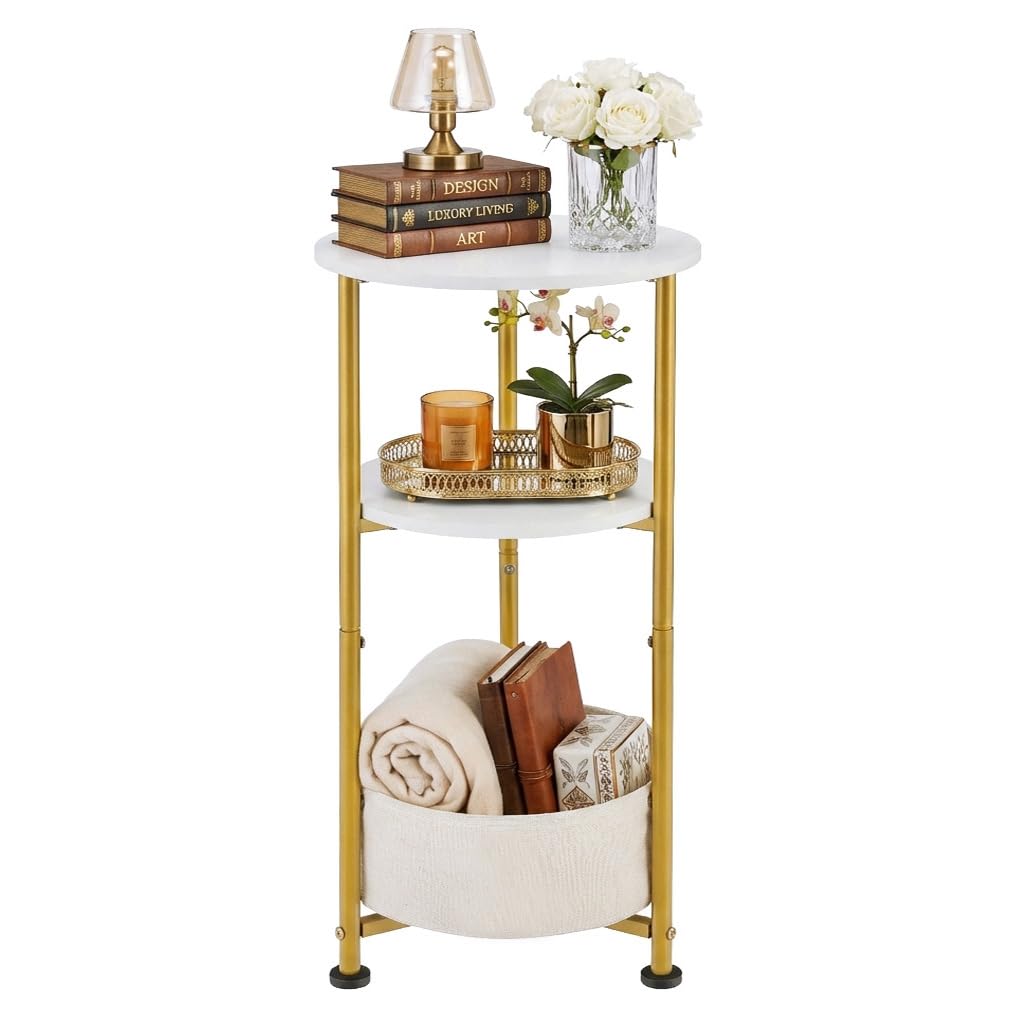 Small Round Side Table with Storage Basket, 3-Tier Narrow End Table Nightstand for Living Room Bedroom, 11.8" Diameter Modern Bedside Table for Small Spaces, Wood Grain & Metal Frame (White & Gold)