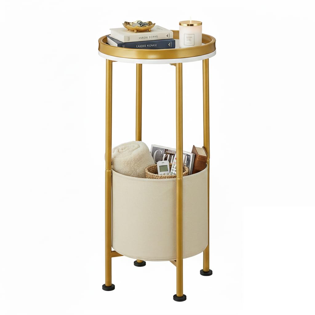 ZEXVIDA Small Round Side Table with Storage Basket, 2-Tier Round End Table for Living Room & Bedroom, 26" Tall Nightstand Modern Sofa End Table for Small Spaces (White Gold)