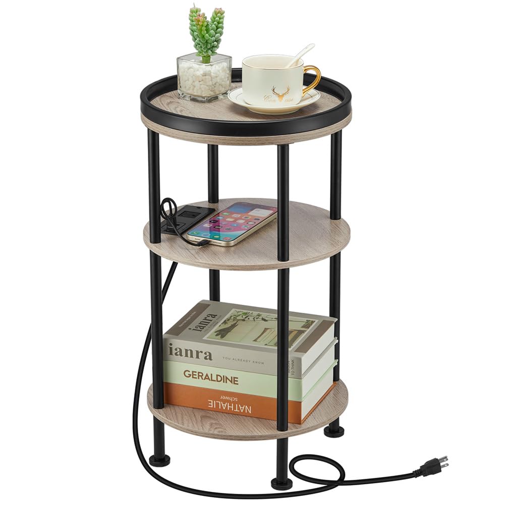 Small Round Side Table with Charging Station for Small Spaces, 3-Tier Accent Table with USB Ports & Power Outlets, Corner Tea Table Sofa Table for Living Room Nightstand Bedroom Apartment(USB,Oak)