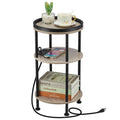 Small Round Side Table with Charging Station for Small Spaces, 3-Tier Accent Table with USB Ports & Power Outlets, Corner Tea Table Sofa Table for Living Room Nightstand Bedroom Apartment(USB,Oak)
