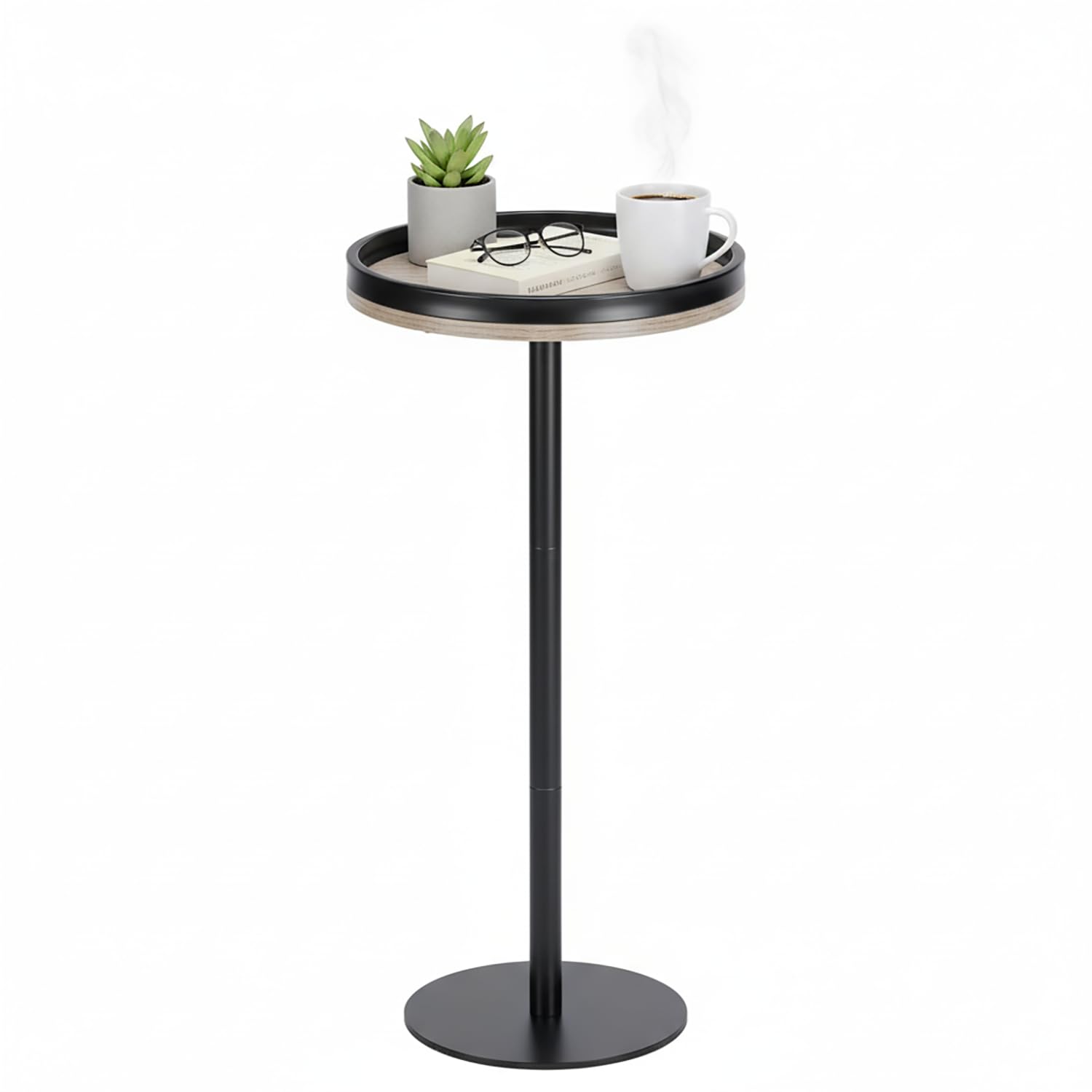 ZEXVIDA Oak Finish Martini Table, Small Round Drink Table, Modern Farmhouse Side Table with Tray Top, Metal Weighted Base End Table for Living Room,Small Spaces,Next to Sofa, 24.7" Tall