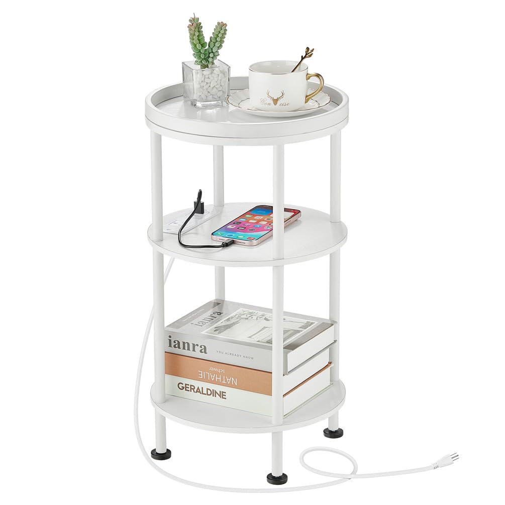 ZEXVIDA Small Round End Table with Charging Station, 3-Tier Accent Couch Beside Table with USB Ports & Power Outlets, Sofa Side Table for Living Room Small Nightstand Bedroom (USB Charger, White)