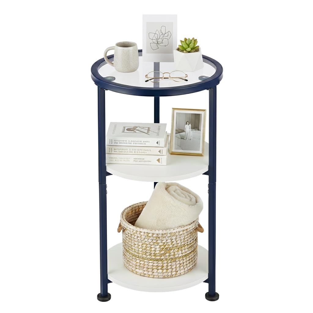 ZEXVIDA Modern 3-Tier Round Side Table with Glass Top, Small End Table for Small Spaces, 22" High Bedside Table with White Shelves and Navy Blue Frame, Stylish Metal Nightstand for Living Room Bedroom