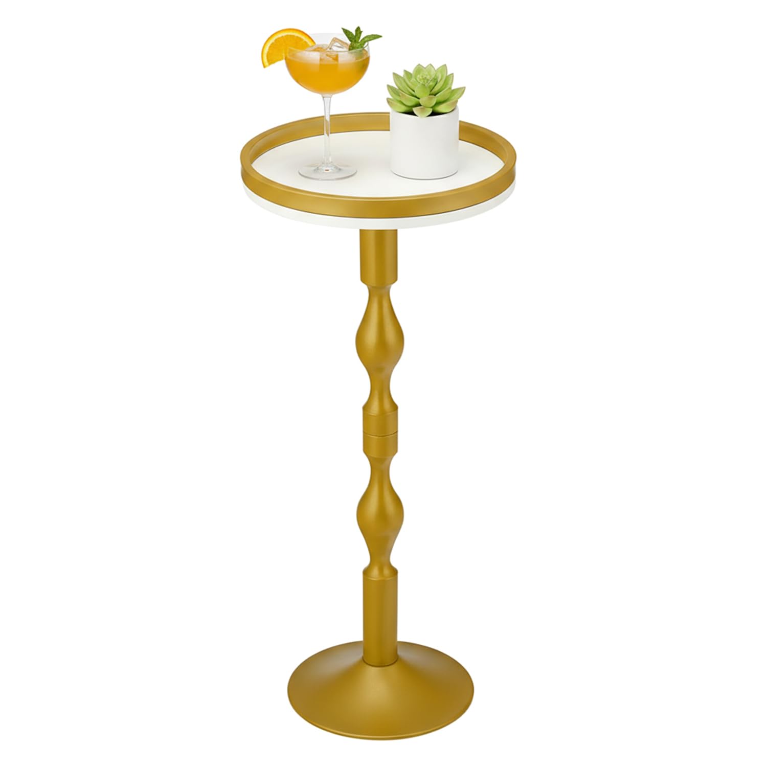 ZEXVIDA Small Round Gold Side Table,Drink Table with Weighted Base,Modern White & Gold Pedestal End Table with Tray Top Edge for Small Spaces, Living Room, Next to Sofa,27 "Tall