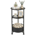 Small Round Side Table with Storage Basket, 3-Tier Narrow End Table Nightstand for Living Room Bedroom, 11.8" Diameter Modern Bedside Table for Small Spaces, Wood Grain & Metal Frame (Black)