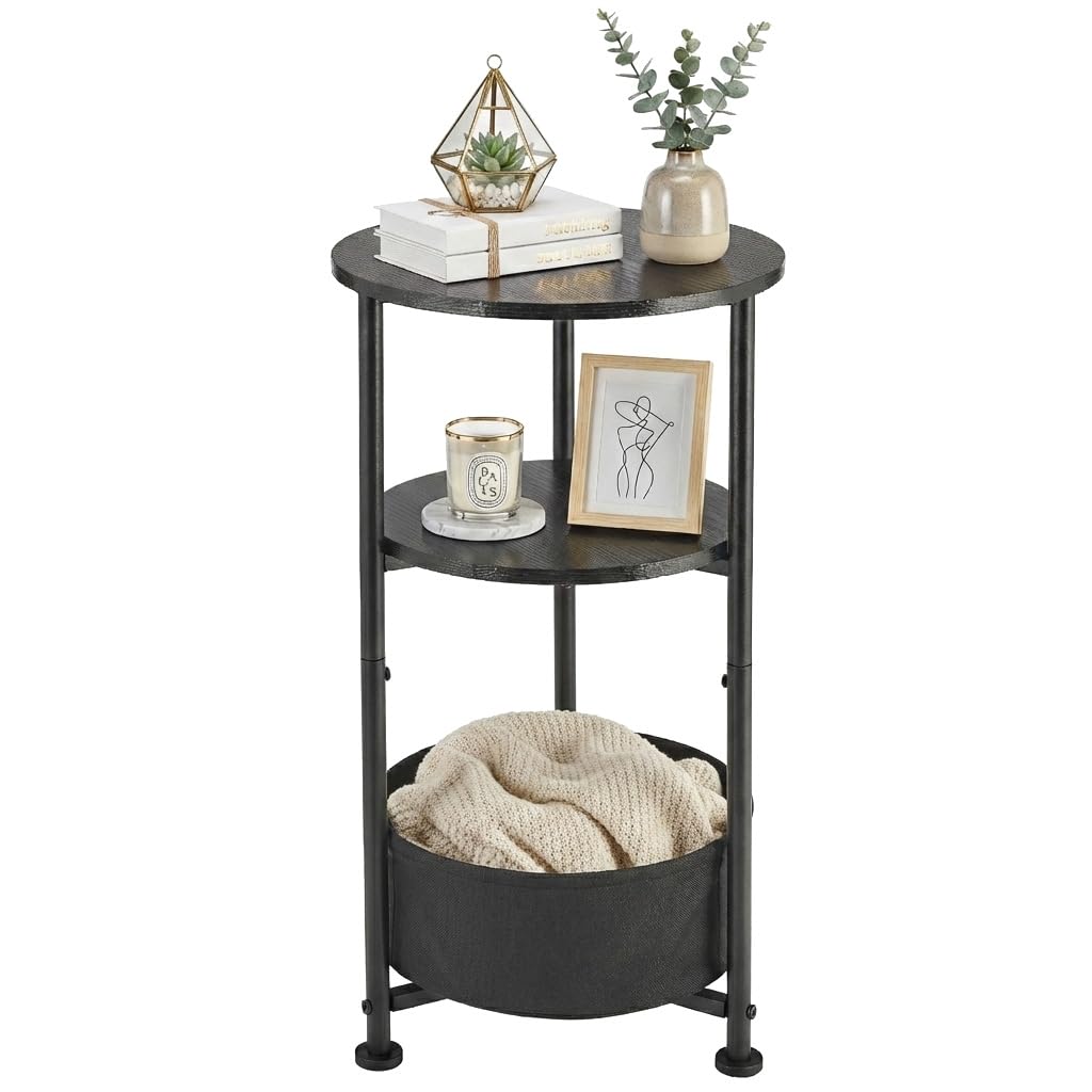 Small Round Side Table with Storage Basket, 3-Tier Narrow End Table Nightstand for Living Room Bedroom, 11.8" Diameter Modern Bedside Table for Small Spaces, Wood Grain & Metal Frame (Black)