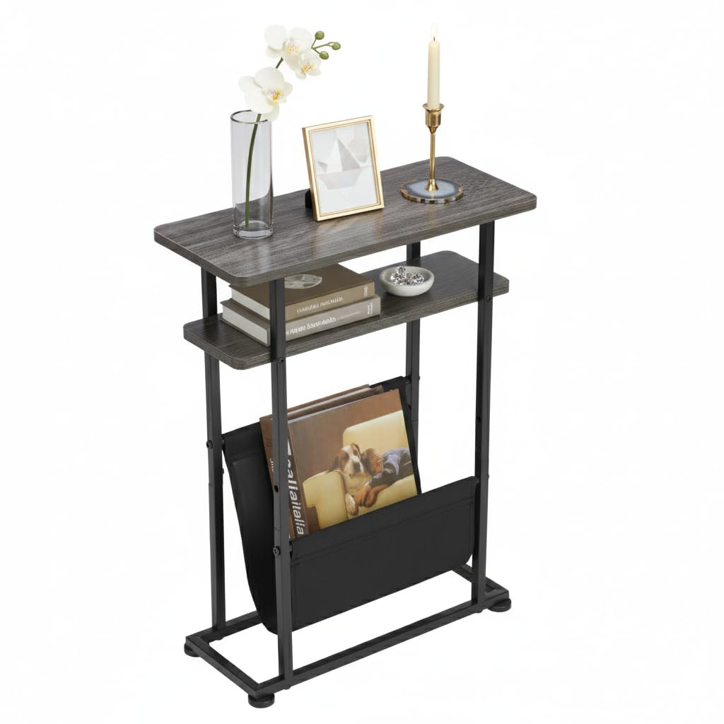 ZEXVIDA Narrow Small Side Table for Small Spaces - Slim End Table with Magazine Rack - Narrow End Table Living Room Couch Side Table- Skinny Bedside Table Nightstand Bedroom Thin Side Table (Grey)