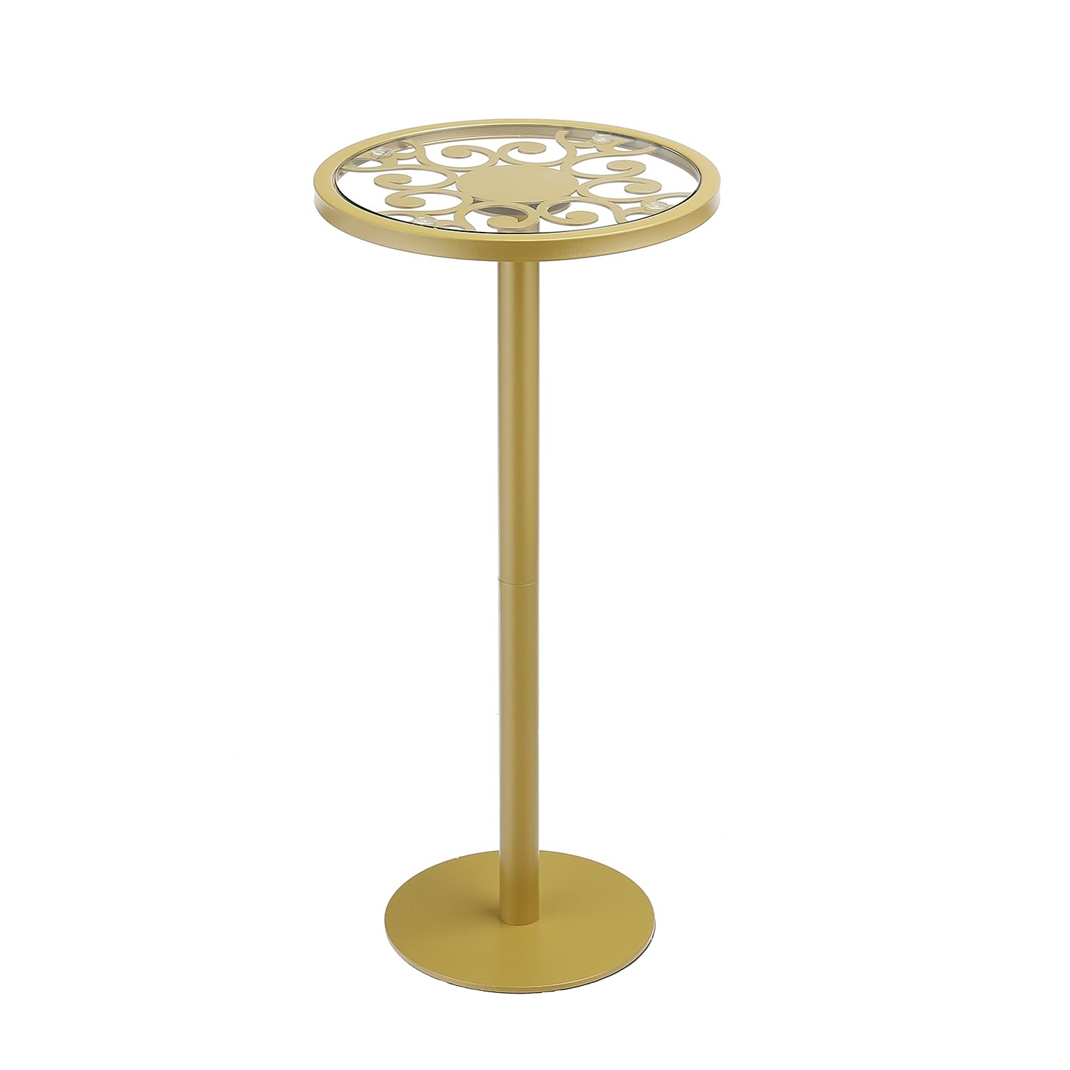 ZEXVIDA Gold Drink Table, Indoor Outdoor Small Round Side Table with Tempered Amber Glass Top & Scroll Design, 24.7" Metal Pedestal End Table for Living Room, Patio, Small Spaces, Weather Resistant