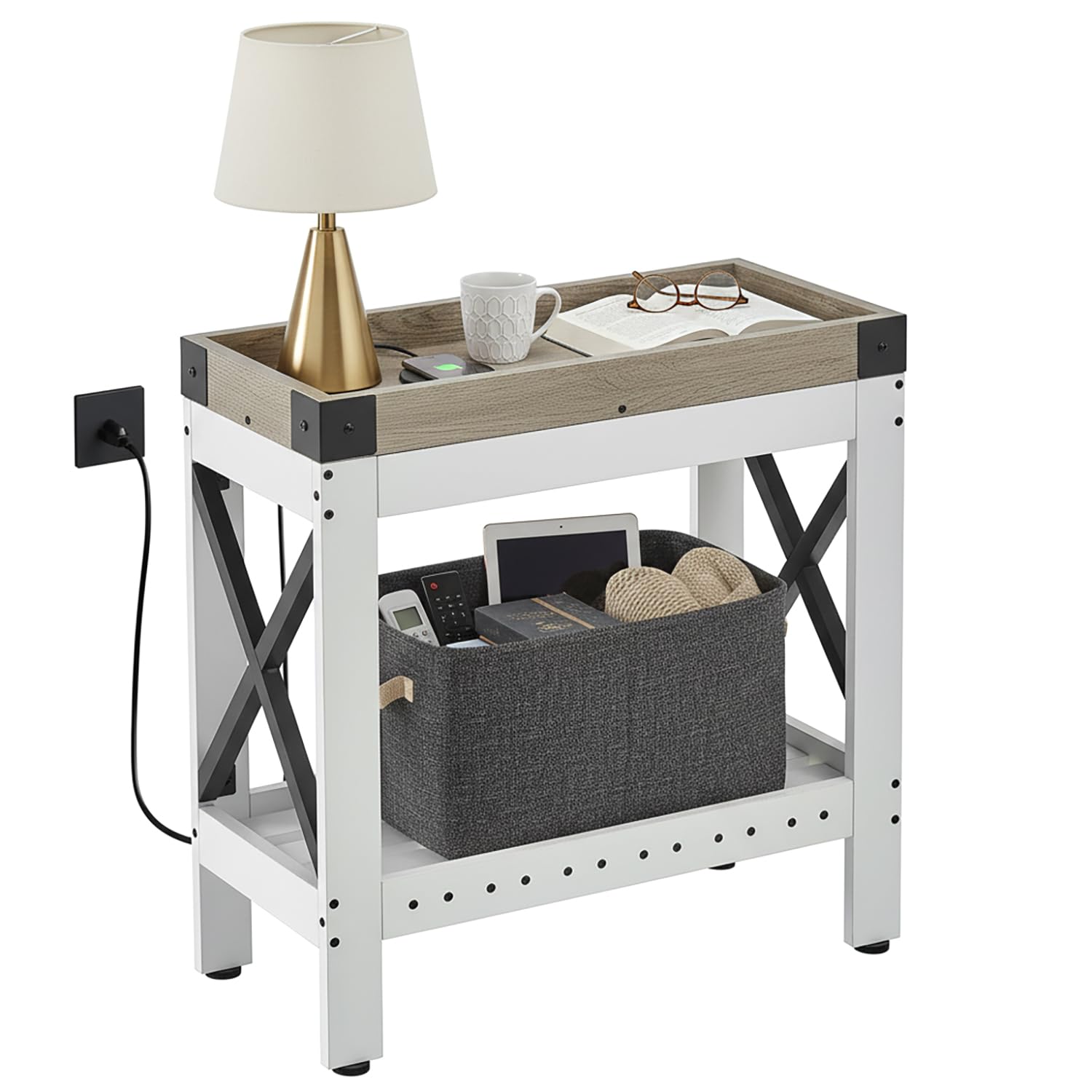 ZEXVIDA Narrow End Table with Charging Station, Modern Farmhouse Side Table with 2 USB Ports & Power Outlets, Slim Industrial Nightstand for Small Spaces, Living Room Sofa & Bedroom, 21.7" L x 10" W