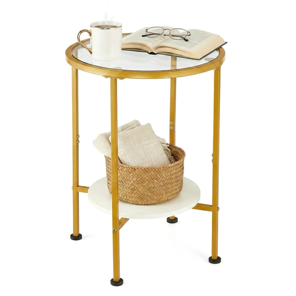 ZEXVIDA Round Gold Side Table, 2 Tier Tempered Glass Top End Table with White Storage Shelf for Living Room,Modern Small Nightstand for Bedroom,Metal Accent Bedside Table for Small Spaces