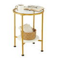 ZEXVIDA Round Gold Side Table, 2 Tier Tempered Glass Top End Table with White Storage Shelf for Living Room,Modern Small Nightstand for Bedroom,Metal Accent Bedside Table for Small Spaces