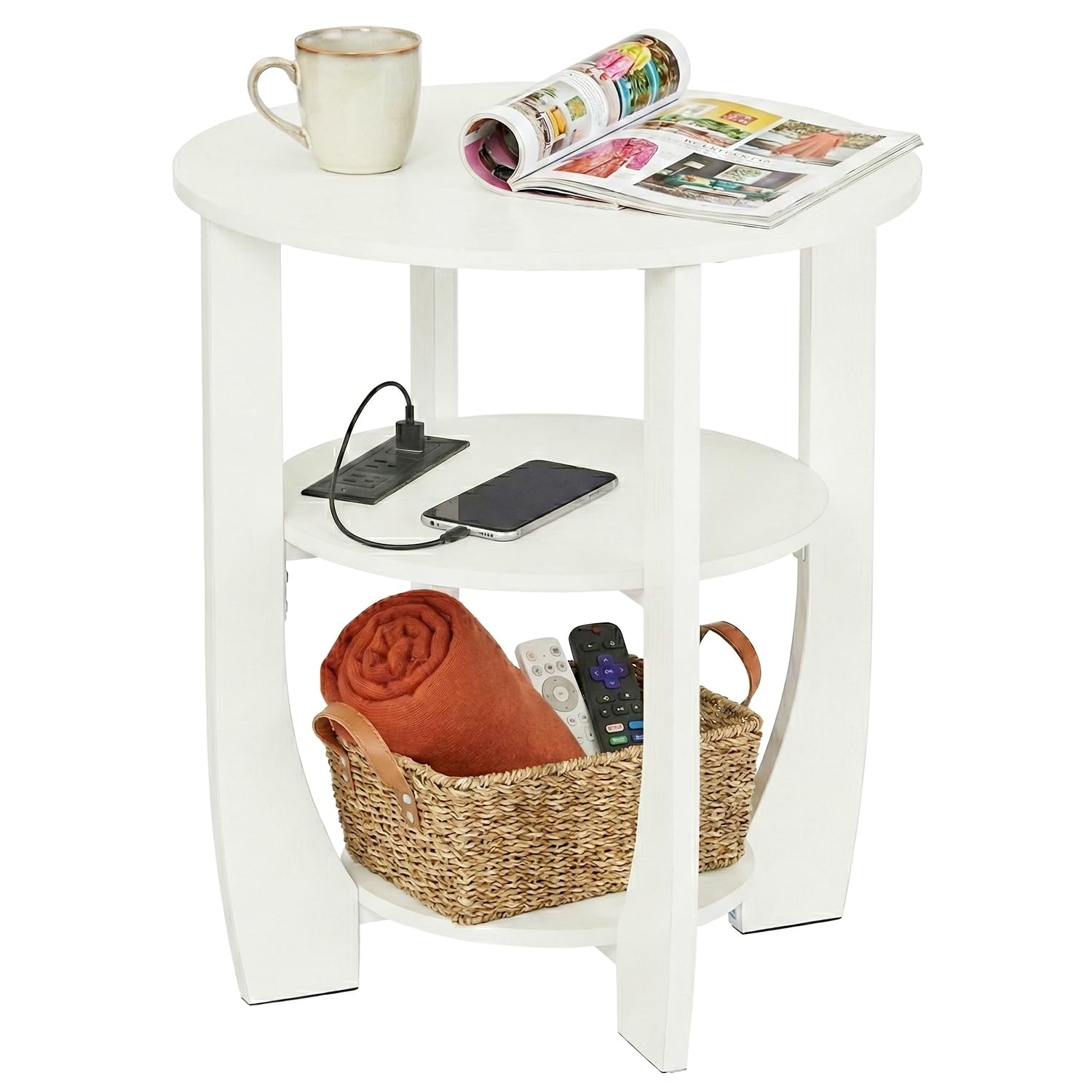 ZEXVIDA White Round Side Table with Charging Station, 19.7" Modern End Table with USB Ports & Outlets, 3-Tier Circle Nightstand for Bedroom, Nursery, Living Room, Small Spaces, Bedside Accent Table