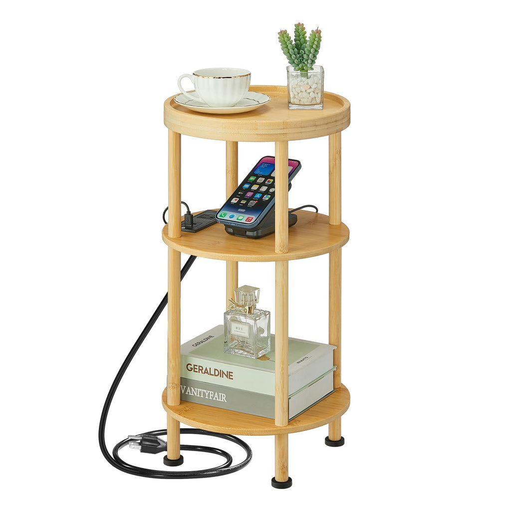 ZEXVIDA 3-Tier Bamboo Round Side Table with Charging Station, Small Round Bamboo End Table with USB Ports & Power Outlets - Corner Table Sofa End Table for Living Room, Bedroom (with Outlet, Natural)