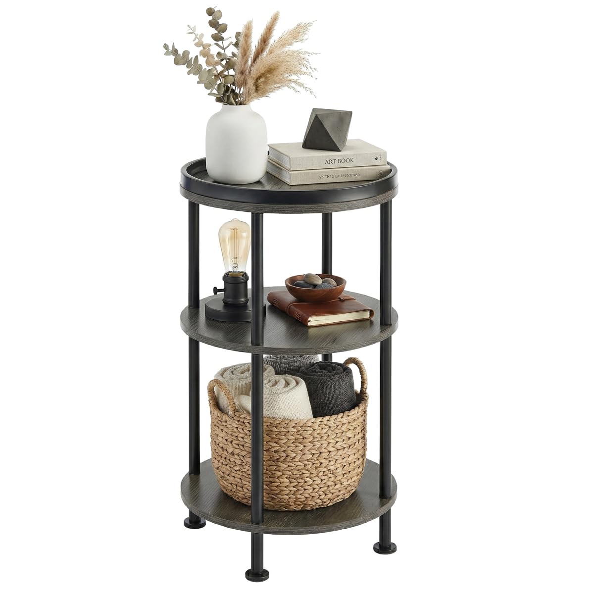Small Round Side Table, Rustic Grey End Table with Tray Top, 3-Tier Greige Nightstand for Living Room & Bedroom, 11.8" Narrow Corner Table, 21.7" H Industrial Accent Furniture for Small Spaces, Grey