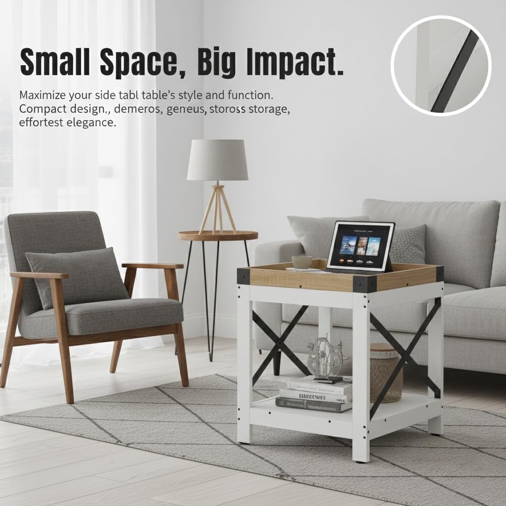 Farmhouse Square Side Table with 2-Tier Storage Shelf,Large End Table Modern Sofa Table with X-Metal Frame Industrial Coffee Table Nightstand for Living Room Bedroom Office and Small Spaces,White+Oak