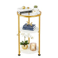 ZEXVIDA Glass Side Table, Tempered Glass Small Round Side Table with 3-Tier Storage Shelves for Small Spaces, Modern Glass Round End Table for Living Room, Bedside Nightstand for Bedroom (White+Gold)