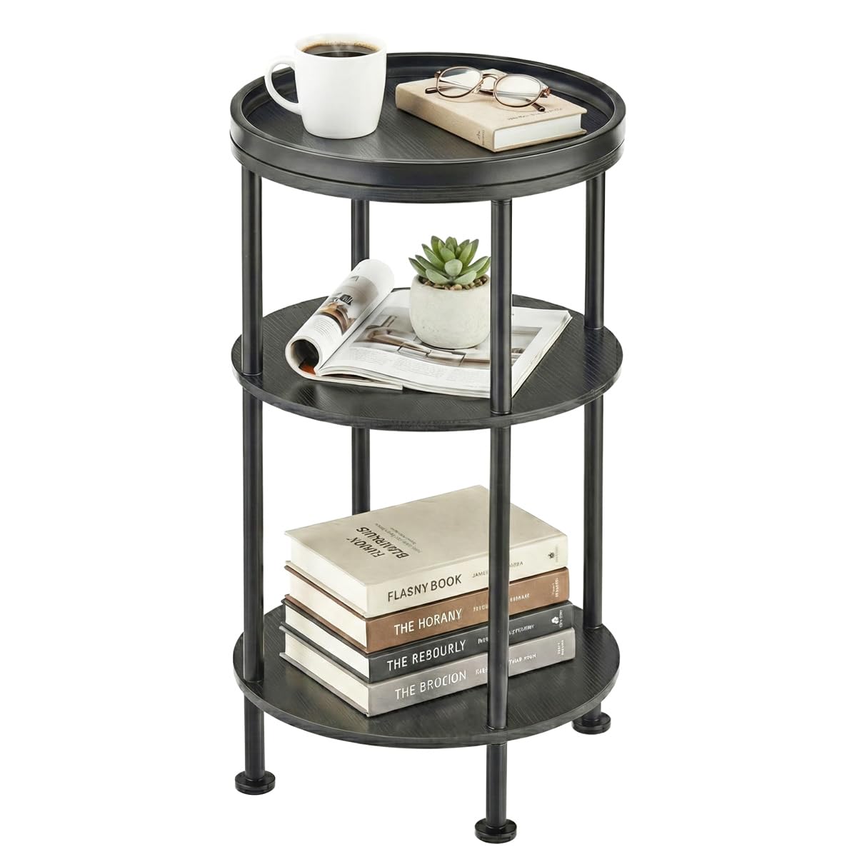 Small Round Side Table with Tray Top, 3-Tier Black End Table for Living Room & Bedroom, Modern Metal Nightstand with Storage Shelf, 11.8" Narrow Accent Table for Small Spaces, Balcony, Classic Black