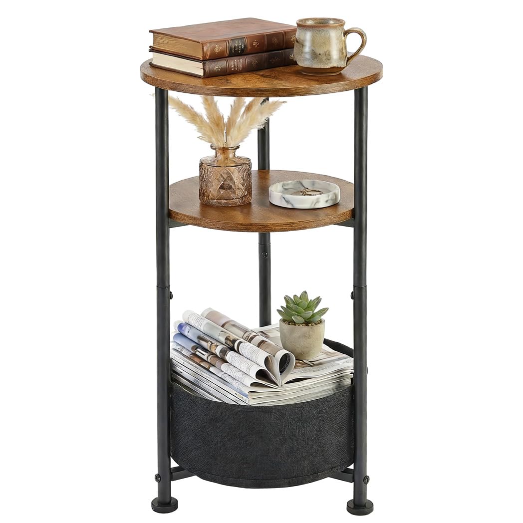 Small Round Side Table with Storage Basket, 3-Tier Narrow End Table Nightstand for Living Room Bedroom, 11.8" Diameter Modern Bedside Table for Small Spaces, Wood Grain & Metal Frame (Rustic Brown)
