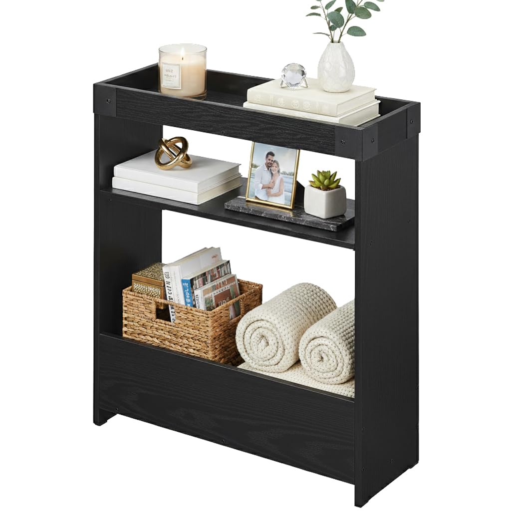ZEXVIDA Farmhouse Narrow Side Table with Tray Top & Magazine Rack, 24" H Sofa Couch Side Table with Storage Shelf, Slim End Table for Small Spaces, Modern Nightstand for Bedroom, Living Room (Black)