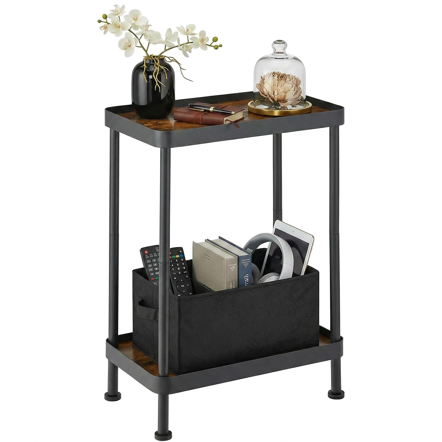 ZEXVIDA Small Narrow Side Table, 2 Tier End Table with Storage Shelf, Sofa Table for Small Spaces in Living Room, Bedroom, Office, Nightstand or Plant Stand(Rustic Brown)