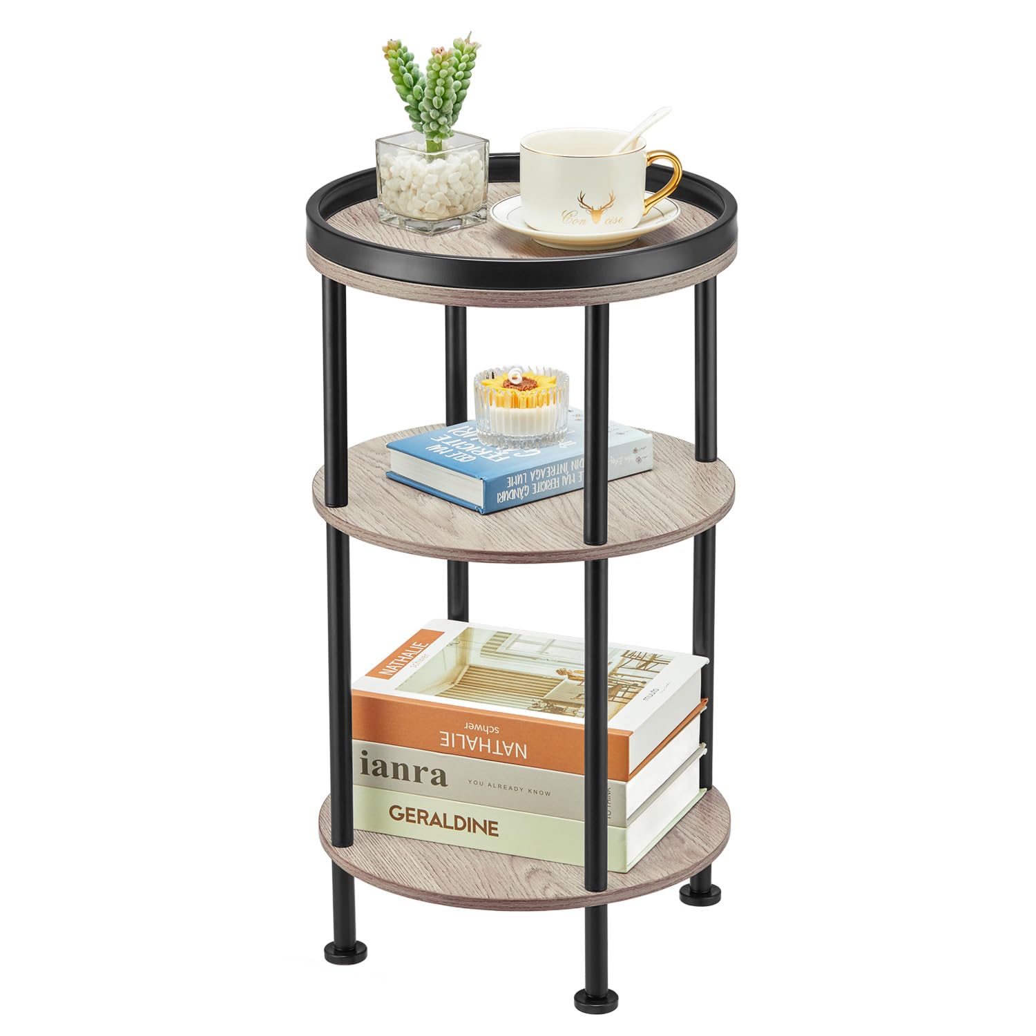 Small Round Side Table, Oak Round End Table for Living Room & Bedroom, Modern 3-Tier Nightstand with Storage Shelf, 11.8" Narrow Accent Table for Small Spaces, Nursery, Plant Stand,Natural Wood Finish