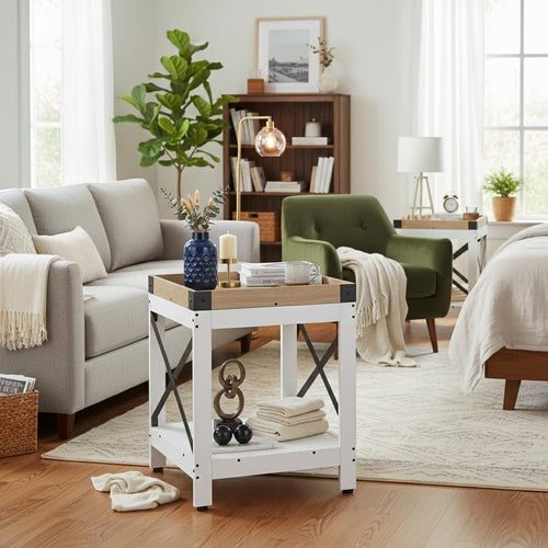 Farmhouse Square Side Table with 2-Tier Storage Shelf,Large End Table Modern Sofa Table with X-Metal Frame Industrial Coffee Table Nightstand for Living Room Bedroom Office and Small Spaces,White+Oak