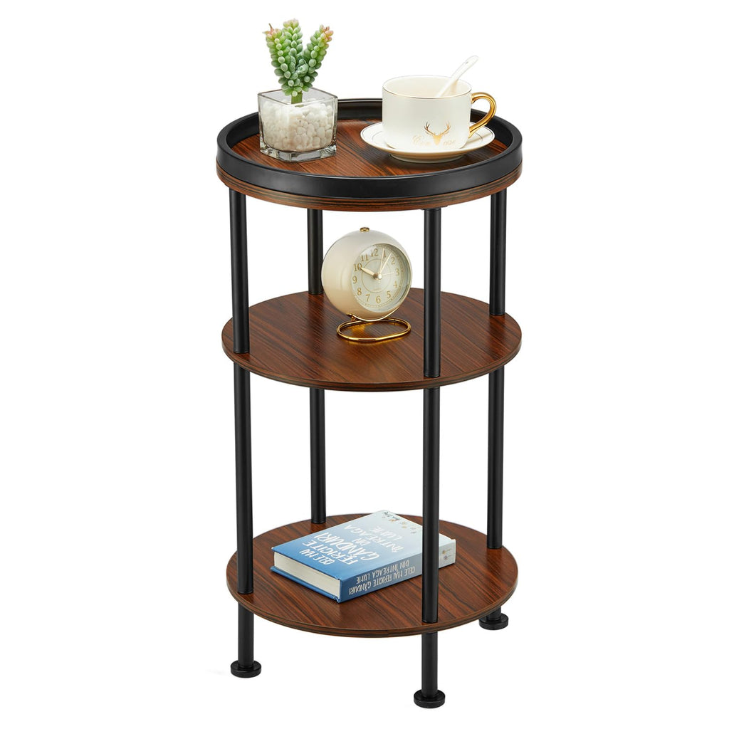 Side Table, Small Round Side Table for Small Spaces, 3-Tier Round Accent Table Slim Side Table, Modern Sofa End Table Corner Table for Living Room Bedroom Nightstand (Classic, Cherry)