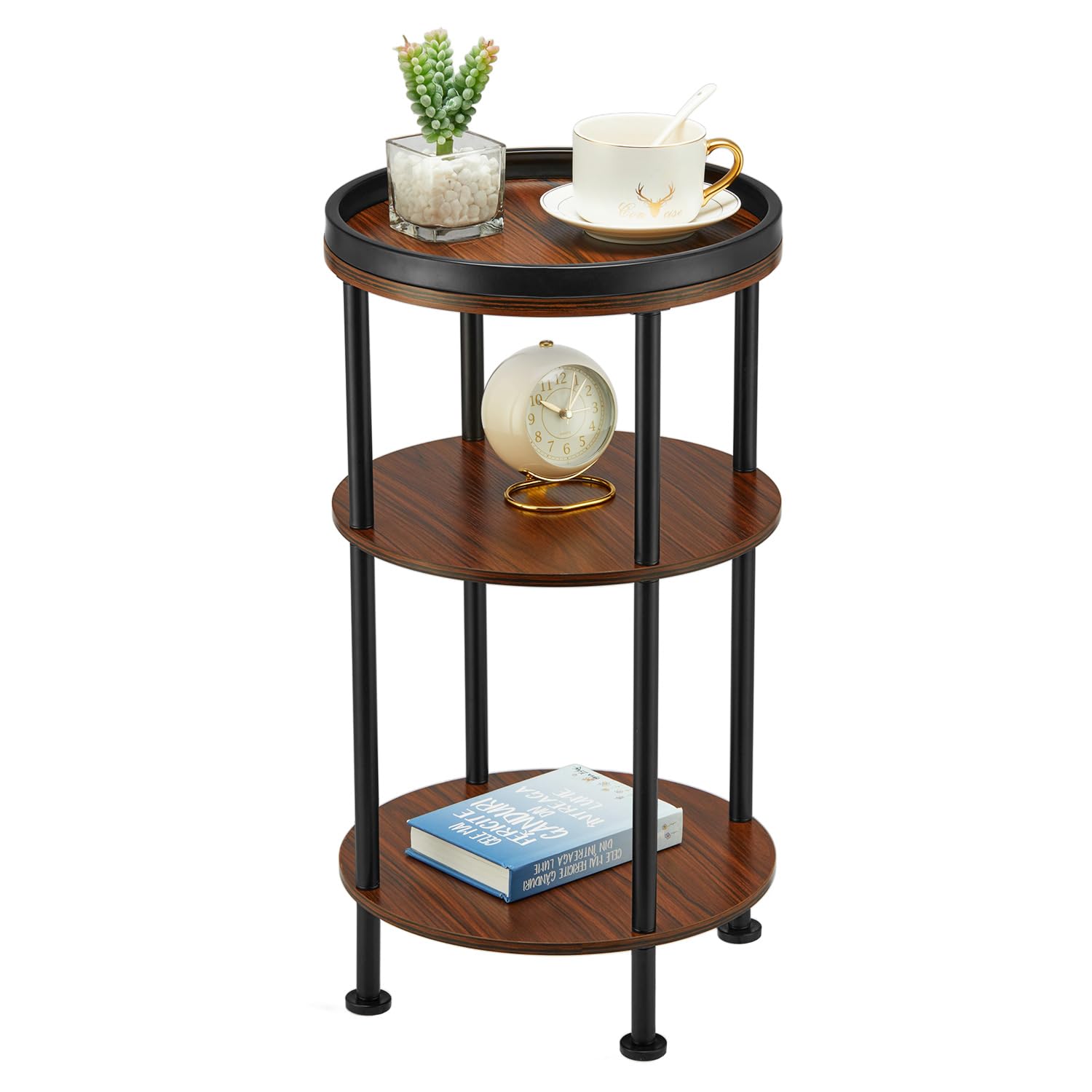 Side Table, Small Round Side Table for Small Spaces, 3-Tier Round Accent Table Slim Side Table, Modern Sofa End Table Corner Table for Living Room Bedroom Nightstand (Classic, Cherry)