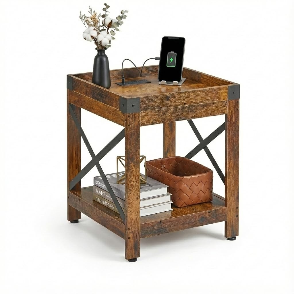 Farmhouse Side Table with Charging Station,Square End Table with 2-Tier Storage Shelf, Sofa Table With X-Metal Frame Industrial Coffee Table Nightstand for Living Room Bedroom Small Spaces,Brown