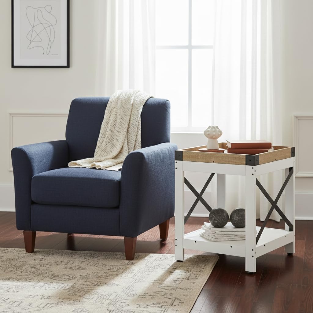Farmhouse Square Side Table with 2-Tier Storage Shelf,Large End Table Modern Sofa Table with X-Metal Frame Industrial Coffee Table Nightstand for Living Room Bedroom Office and Small Spaces,White+Oak