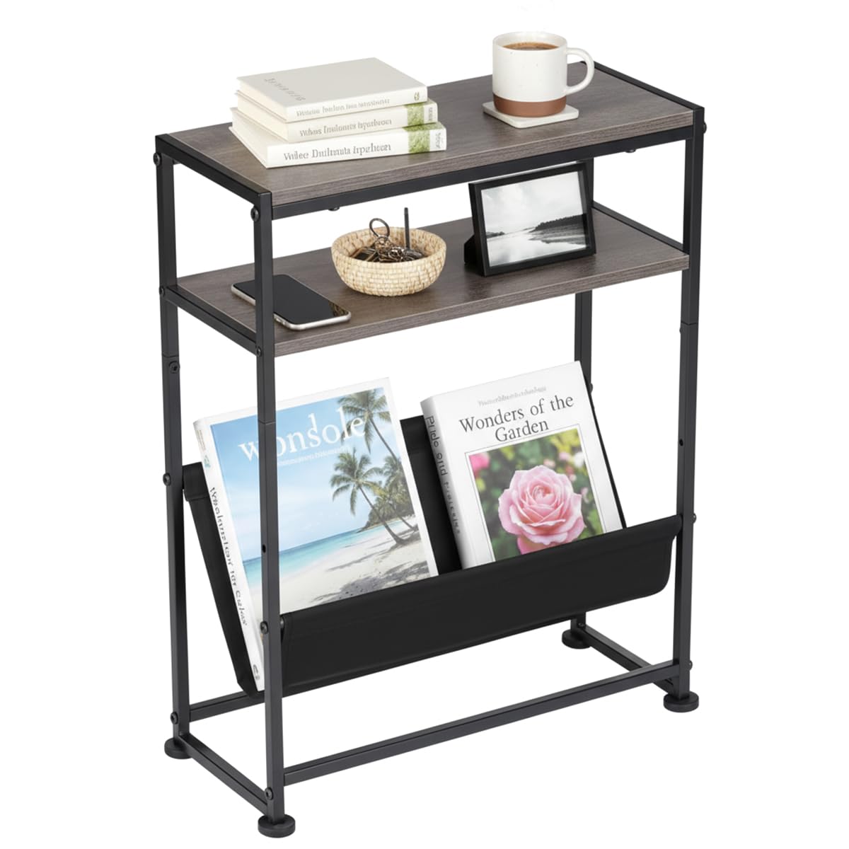 ZEXVIDA Narrow End Table for Small Spaces - Slim Side Table with Magazine Holder,2 in 1 Design Narrow CoffeeTable Living Room,Skinny Bedroom Nightstand Thin Side Magazine Table,Grey