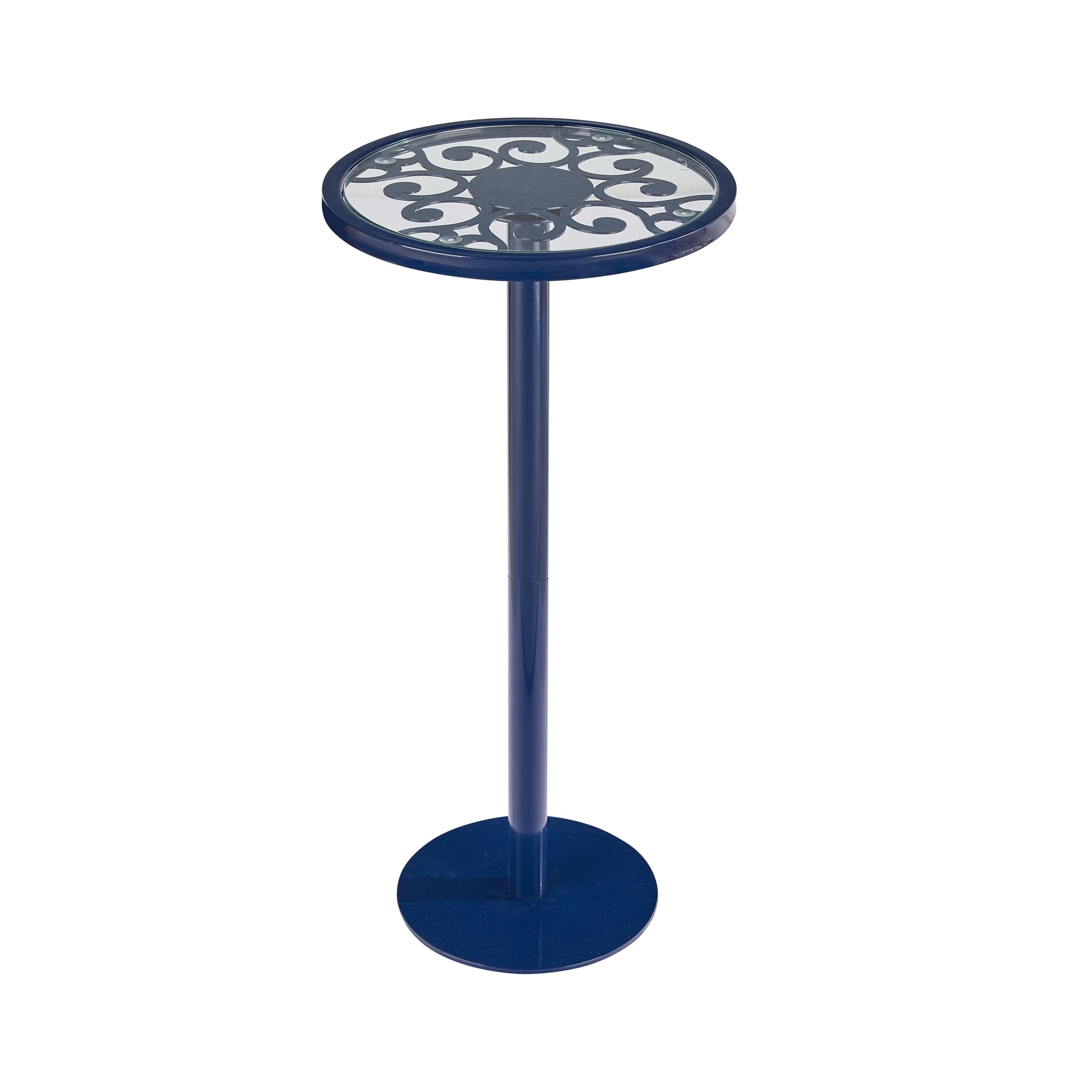 ZEXVIDA Navy Blue Drink Table, Indoor Outdoor Small Round Side Table with Tempered Glass & Scroll Design, 24.7" Metal Pedestal End Table for Living Room,Patio, Pool, Coastal Nautical Decor (Navy Blue)