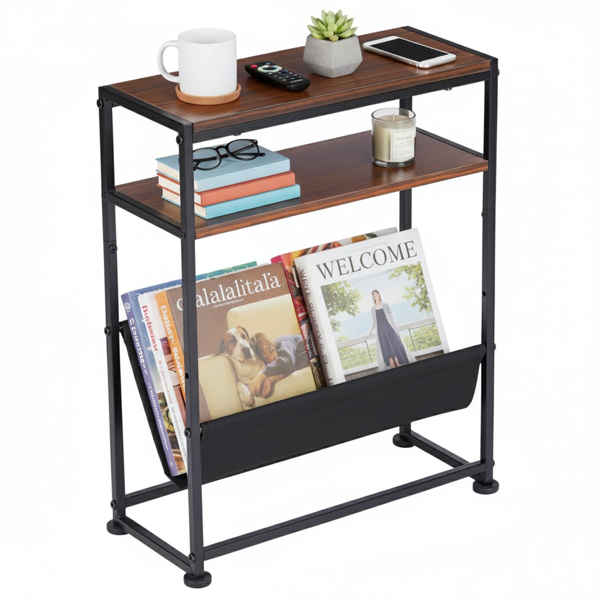 ZEXVIDA Narrow End Table for Small Spaces - Slim Side Table with Magazine Holder,2 in 1 Design Narrow Coffee Table Living Room,Skinny Bedroom Nightstand Thin Side Magazine Table,Dark Cherry