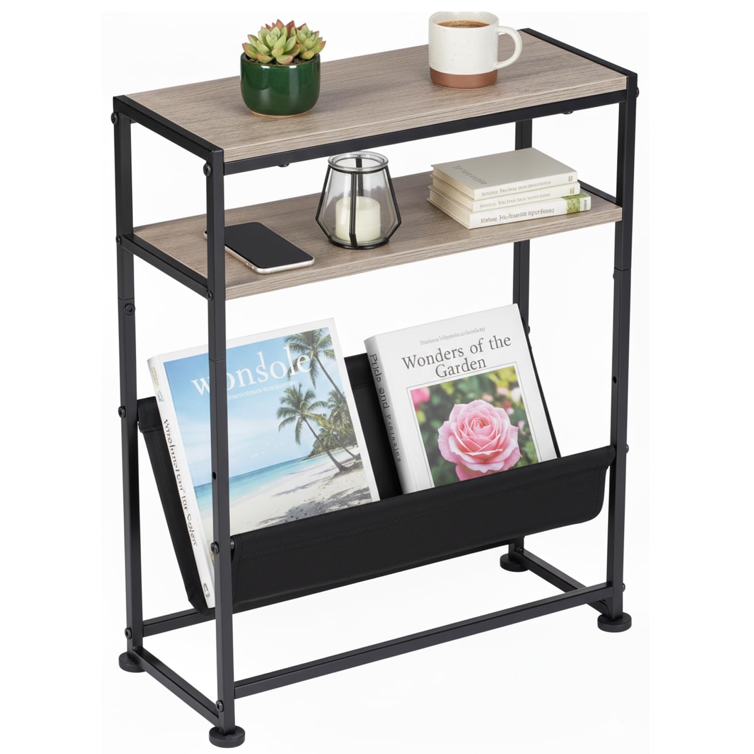 ZEXVIDA Narrow End Table for Small Spaces - Slim Side Table with Magazine Holder,2 in 1 Design Narrow Coffee Table Living Room,Skinny Bedroom Nightstand Thin Side Magazine Table,Oak