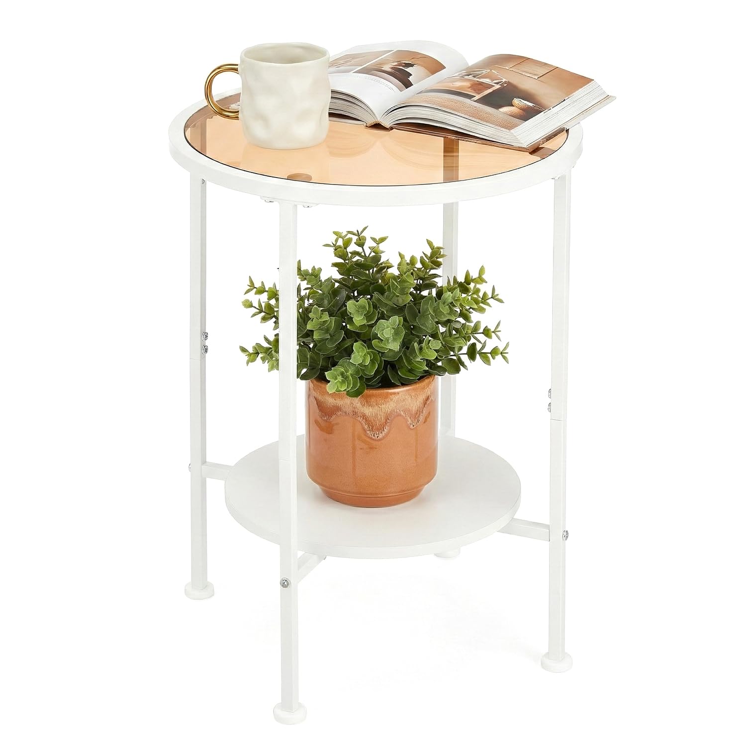 ZEXVIDA 2 Tier Round Side Table with Tempered Amber Glass Top, White Metal End Table for Small Spaces, Bedroom, Living Room,Cute Retro Aesthetic Nightstand, Modern Vibe Accent Table for Plant & Decor