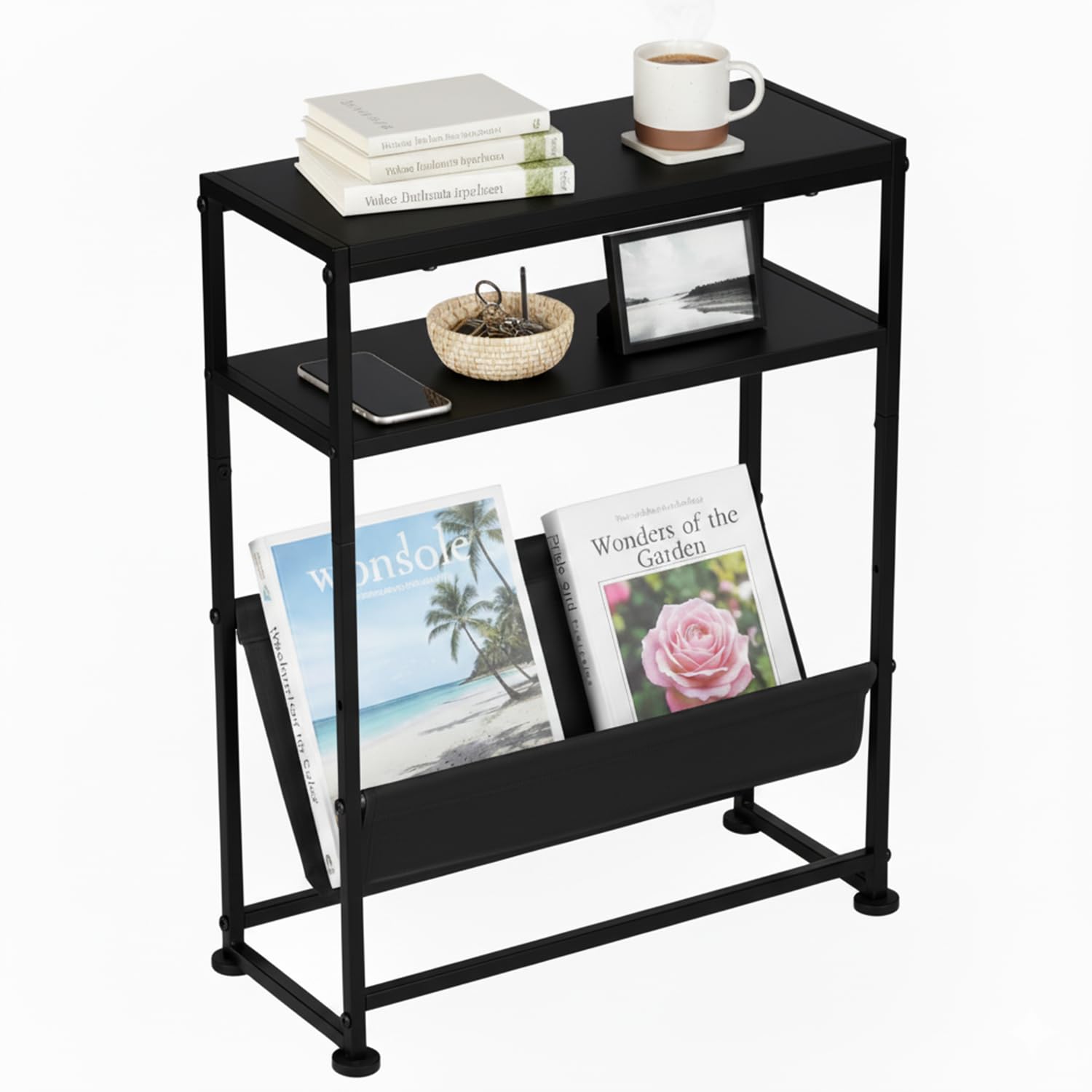 ZEXVIDA Narrow End Table for Small Spaces - Slim Side Table with Magazine Holder,2 in 1 Design Narrow Coffee Table Living Room,Skinny Bedroom Nightstand Thin Side Magazine Table,Black