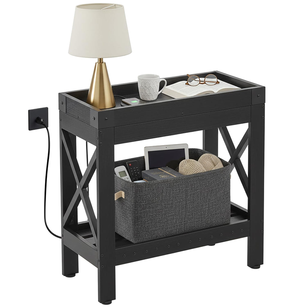 ZEXVIDA Narrow Side Table, Slim End Table with Charging Station for Small Spaces, with 2 USB and 2 Power Outlets, 21.7" L x 10" W x 21.7" H